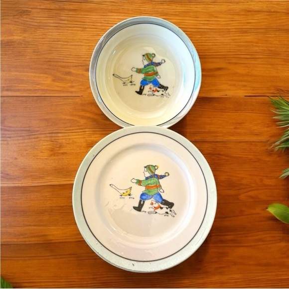 VINTAGE Hand-Painted Kids Dish Set - Duck, Dog, & Child Design - Made in Japan - Picture 1 of 14